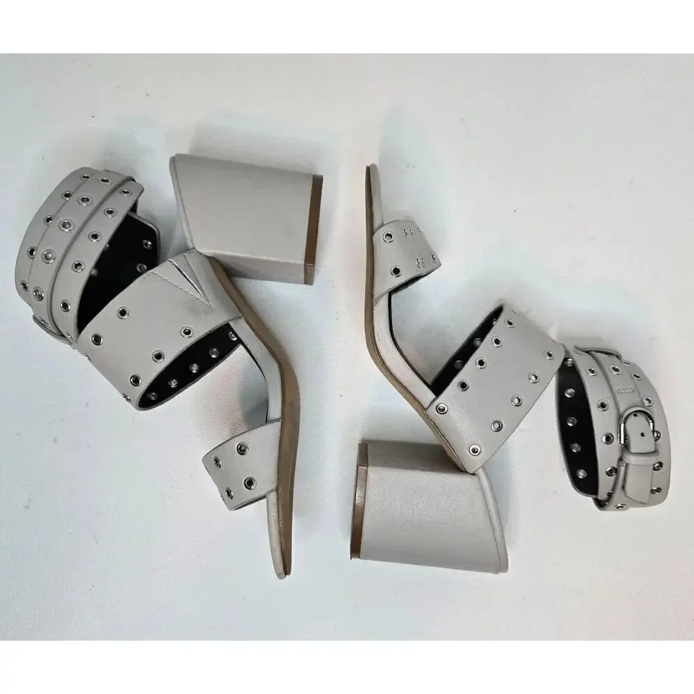 Rebecca Minkoff CARTER Heeled Studded EYELET Sandals Leather Gray Size 6 M